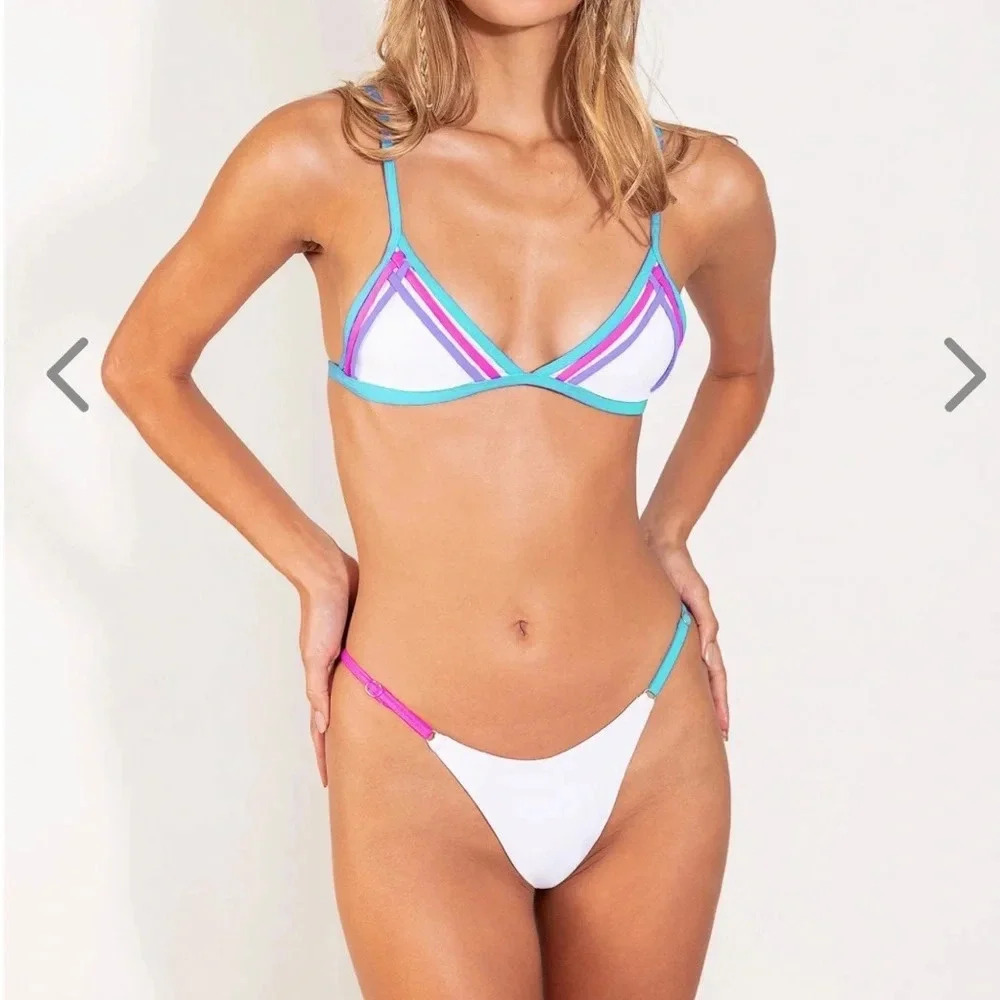 NWT OneOne Swimwear Bikini Set Pristine Hailey Alli Skimpy NEW White Small Blue - Picture 3 of 5